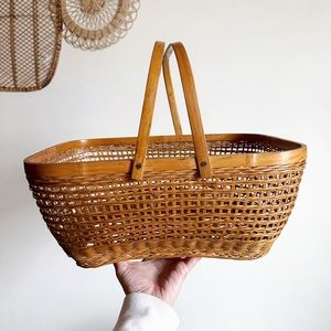 Large Bamboo Rattan Shopping Basket Vintage Bohemian Cottage Core Farmhouse